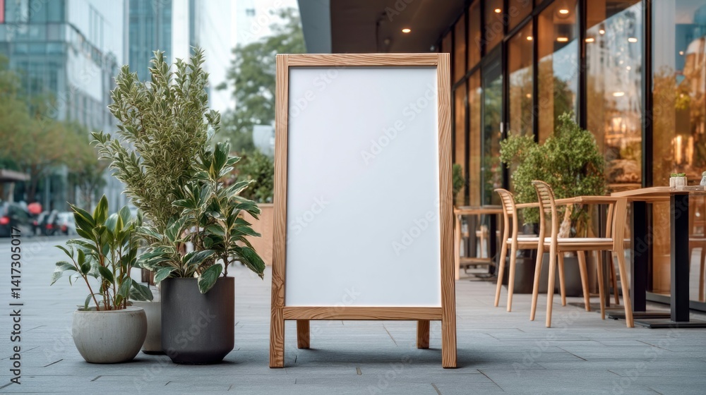 Wooden sandwich board with blank space stands outside a cafe, inviting passersby to enter.