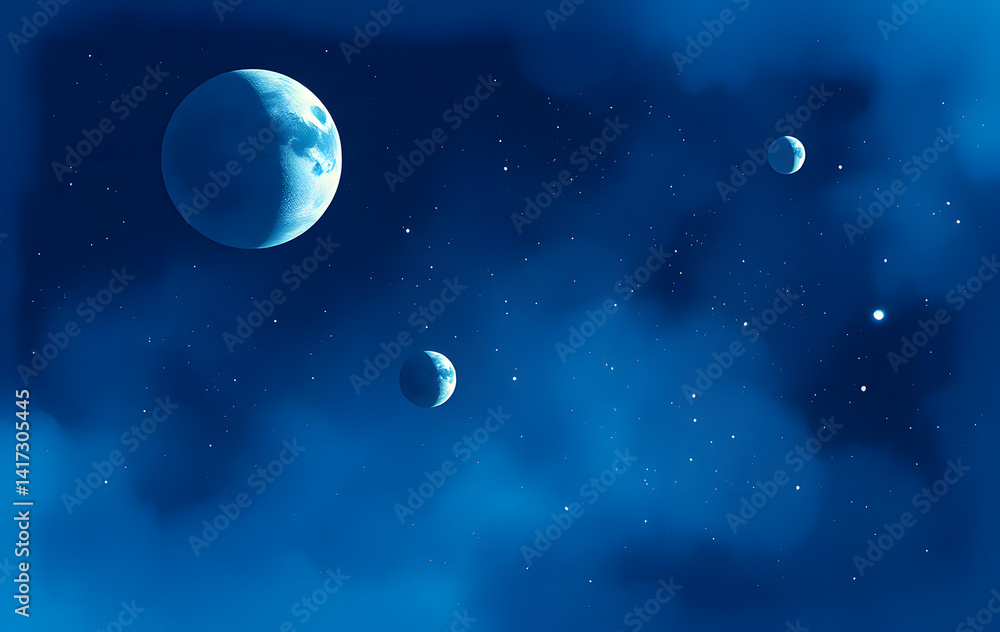 Naklejka premium Space with planets glows serenely against the deep blue expanse; suitable for futuristic, space-themed designs, astronomy, or science fiction concepts.