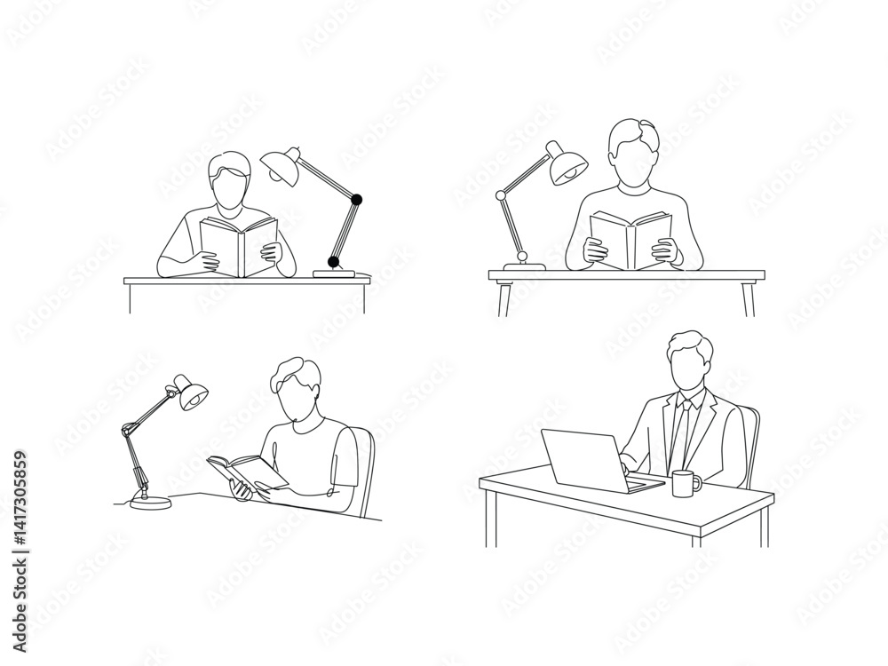 Reading & Working Silhouette Vector Set Reading & Working Silhouette Vector Set