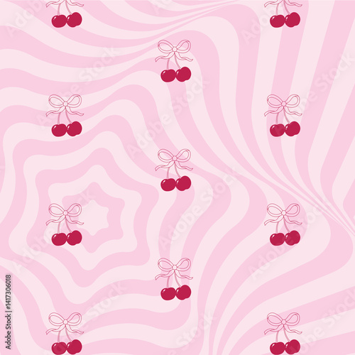 Pattern coquette red cherry with line gift bow. Vector Illustration of pink girly vintage bows and cherries. Cute trendy line art. Red ribbons. Trendy girls decoration. Ice cream background pink color
