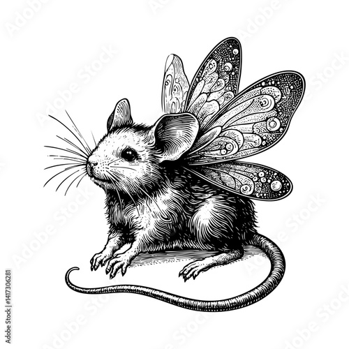 Rat with butterfly wing sketch engraving black and white outline. Scratch board imitation.