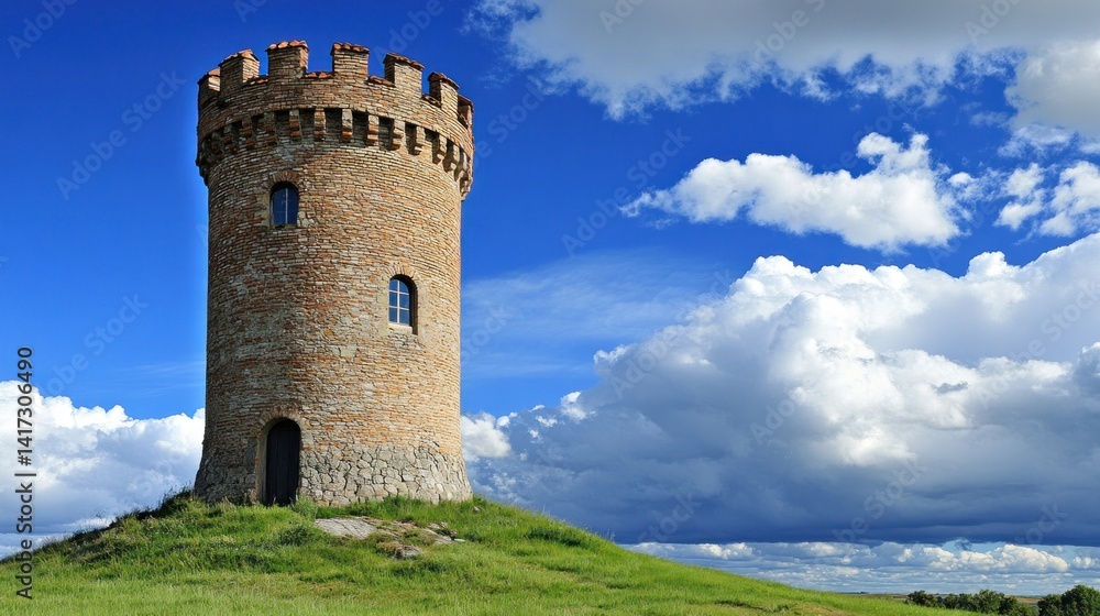 Majestic Stone Tower on Hilltop under a Blue Sky Majestic Stone Tower on Hilltop under a Blue Sky