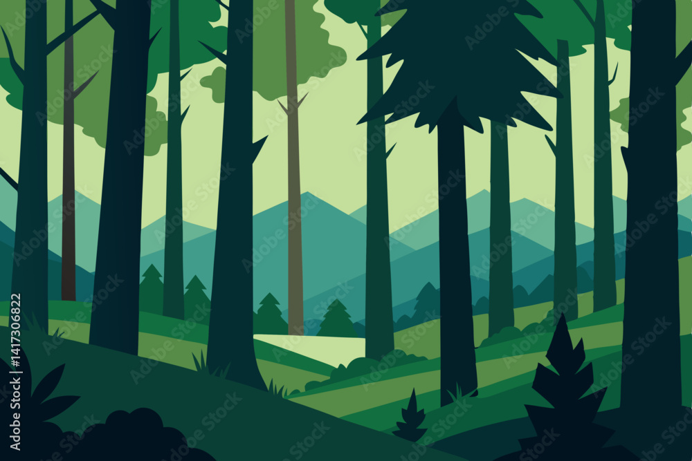 Obraz premium dense-woodland-with-tall-trees-vector-art