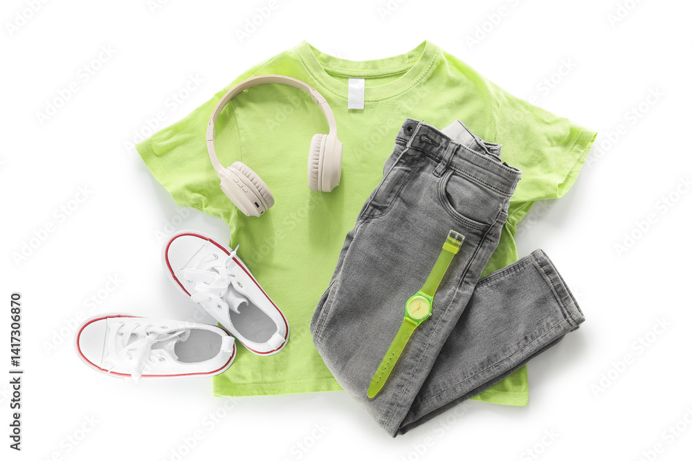 Composition with stylish children's clothes, wristwatch, shoes and headphones on white background