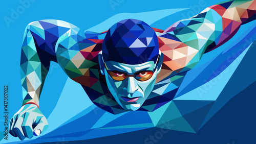 Swimming, swim isolated low poly vector illustration, geometric swimmer silhouette, crawl style
