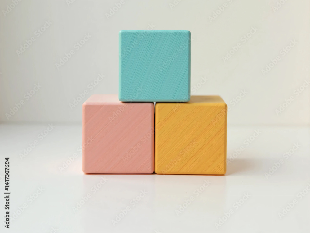 Fototapeta premium Wooden Cubes with Colored Edges Stacked in a Pyramid Shape – Minimalist Geometric Composition with Natural Texture, Balance, and Educational Design