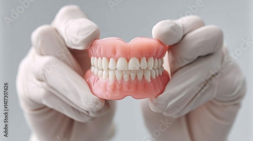 Gloved hands display a set of gleaming, complete dentures, emphasizing dental health.