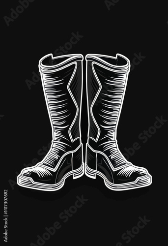 Elevate your designs with this striking black and white vector illustration of motocross boots, suitable for motorcycle blogs, extreme sports websites, and projects that celebrate adventure, resilienc