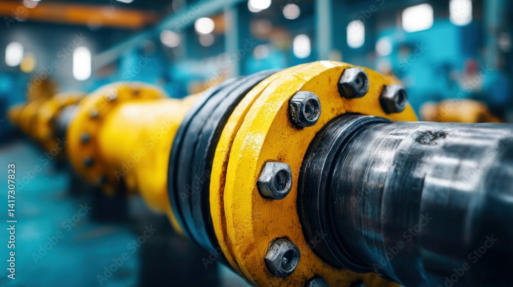Detailed view of an industrial pipeline assembly showcasing intricate mechanical components and bolts. Detailed view of an industrial pipeline assembly showcasing intricate mechanical components and bolts.