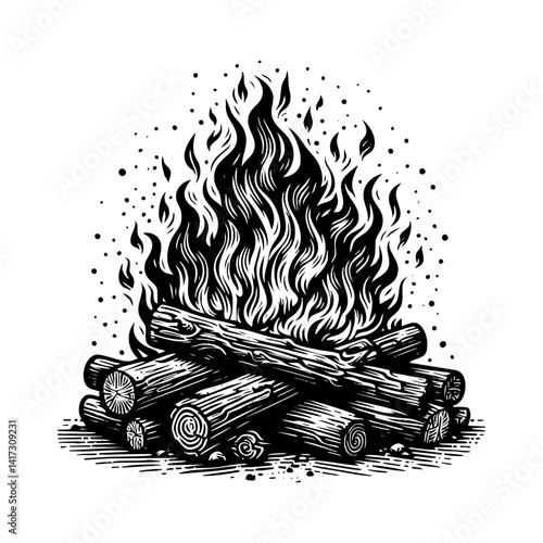 Campfire sketch engraving black and white outline. Scratch board imitation.  illustrated in vintage line art style on a white background.