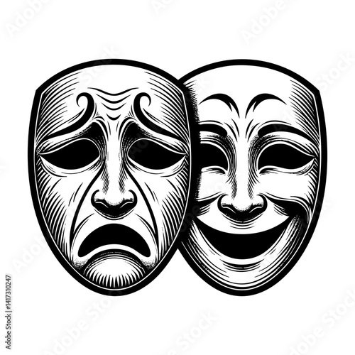 sad and smile mask sketch engraving black and white outline. Scratch board imitation.
