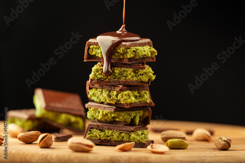 Dubai Chocolate with Pistachio poured with chocolate on desk