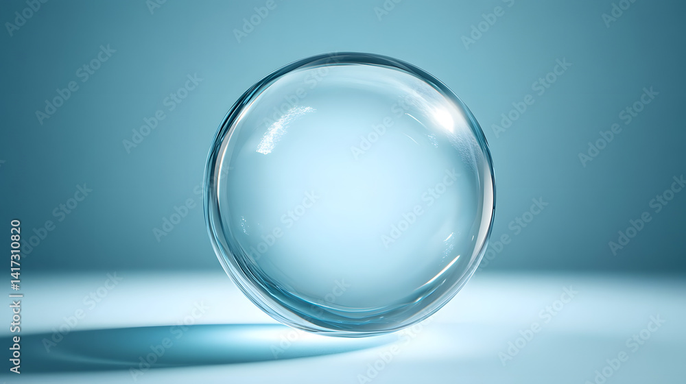 Transparent Sphere on Blue: A smooth, crystal clear sphere rests on a light blue surface, casting a gentle shadow. Its translucent surface reflects the light. Transparent Sphere on Blue: A smooth, crystal clear sphere rests on a light blue surface, casting a gentle shadow. Its translucent surface reflects the light.