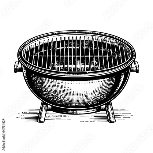 Barbecue grill sketch engraving black and white outline. Scratch board imitation.