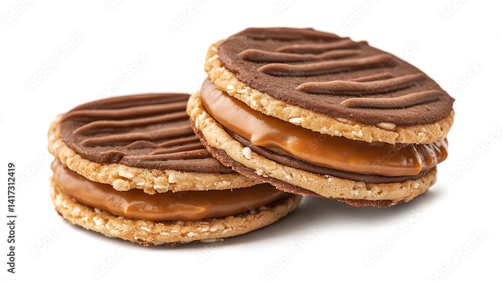 Two chocolate cookies with a brown filling Two chocolate cookies with a brown filling