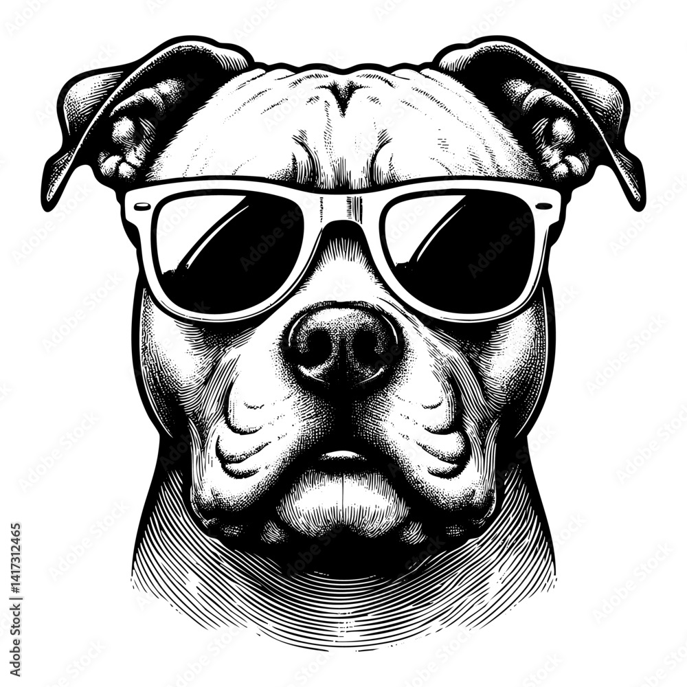 Fototapeta premium Pitbull dog wears sunglasses sketch engraving black and white outline. Scratch board imitation.