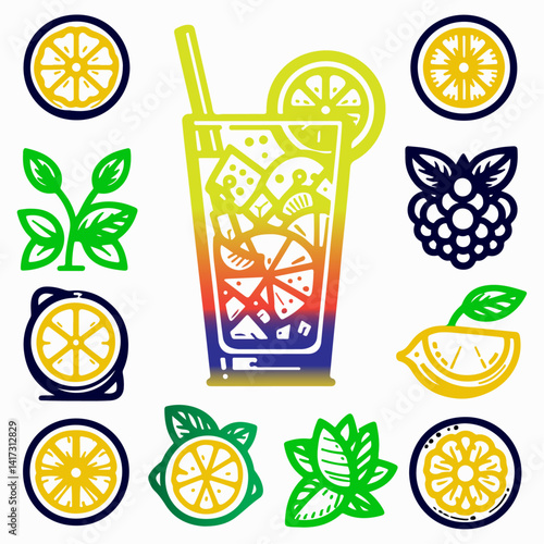 Set of citrus fruit icons including lemon, lime, and orange with juice and slices in a seamless pattern, vibrant and fresh design