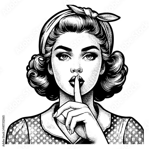 Retro woman giving silent gesture sketch engraving black and white outline. Scratch board imitation.  illustrated in vintage line art style on a white background.