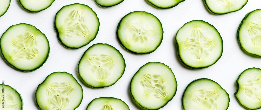 A pattern of cucumber slices arranged in an overhead view, showcasing their unique textures and patterns A pattern of cucumber slices arranged in an overhead view, showcasing their unique textures and patterns