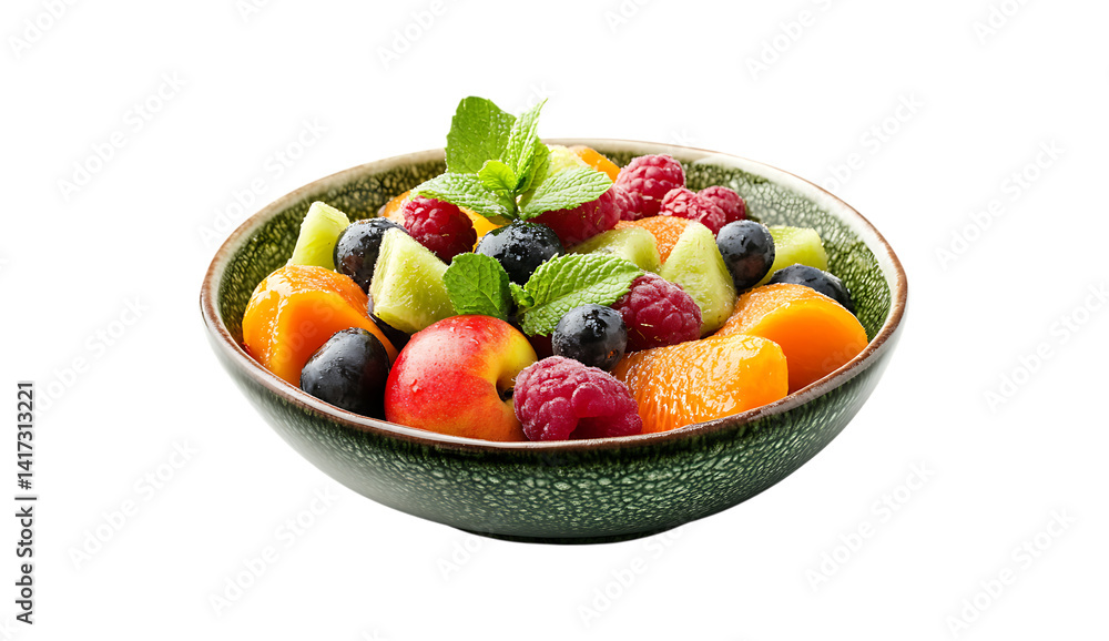 Fruit salad with raspberries, blueberries, peaches, and mint in a ceramic bowl Fruit salad with raspberries, blueberries, peaches, and mint in a ceramic bowl