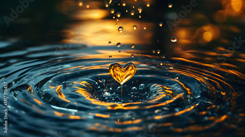 Golden Heart on the Water: A unique photograph capturing the moment a golden heart shape appears in the ripples as water droplets cascade down