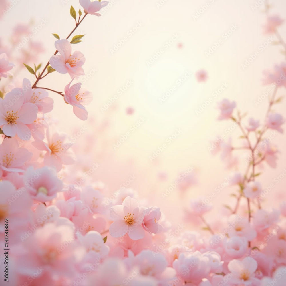 Fototapeta premium Soft pink cherry blossoms in full bloom against a warm pastel background, evoking serenity, beauty, and the essence of spring. 
