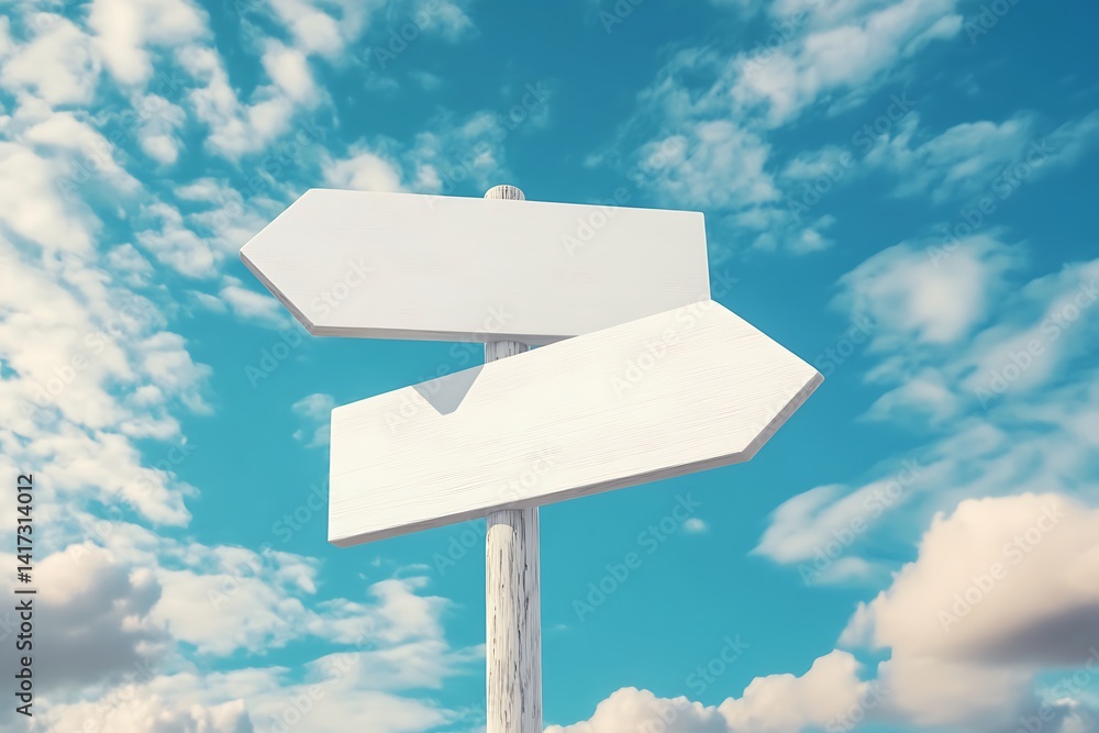 Directional Signpost with White Wooden Boards Against Blue Sky Background Directional Signpost with White Wooden Boards Against Blue Sky Background