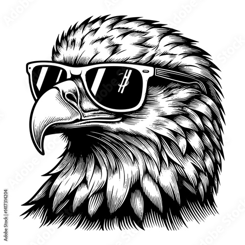 eagle wear sunglasses sketch engraving black and white outline. Scratch board imitation.