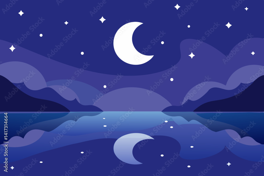 Fototapeta premium moonlit-lake-reflecting-stars---anime-aesthetic