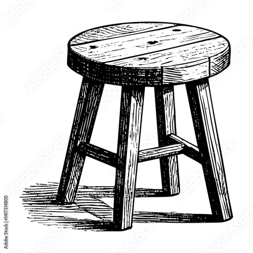 A rustic wooden stool with three legs sketch engraving black and white outline. Scratch board imitation.