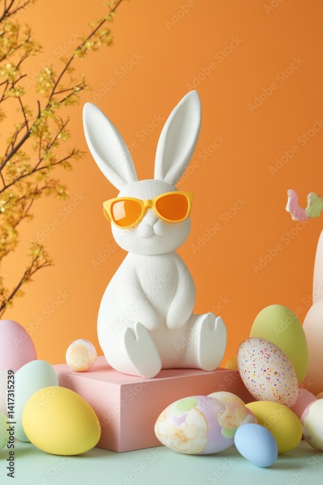 On a yellow surface, a white rabbit sits while wearing sunglasses On a yellow surface, a white rabbit sits while wearing sunglasses