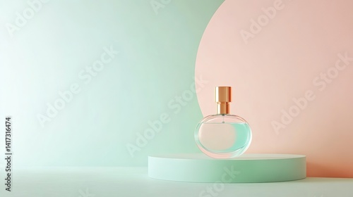 A clear, round perfume bottle stands elegantly on a mint green cylindrical pedestal against a split pastel green and pink background featuring a large circular shape.