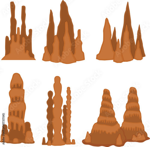 set of stalagmite. shaped hanging and upward growing mineral formations in cave vector illustration