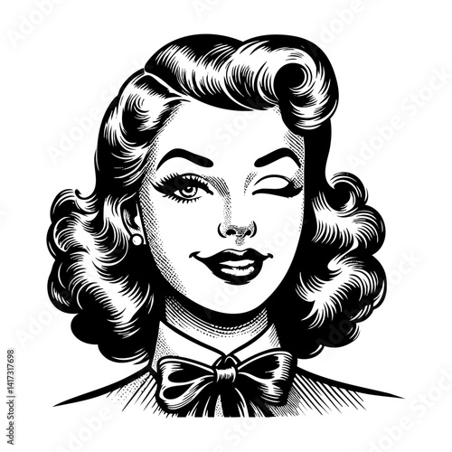 Retro girl wink sketch engraving black and white outline. Scratch board imitation. illustrated in vintage line art style on a white background.