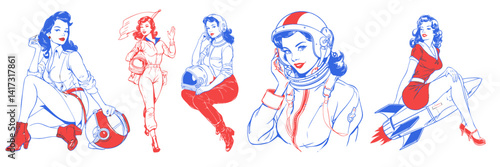 Vintage line art drawing style of a woman wearing an astronaut space outfit