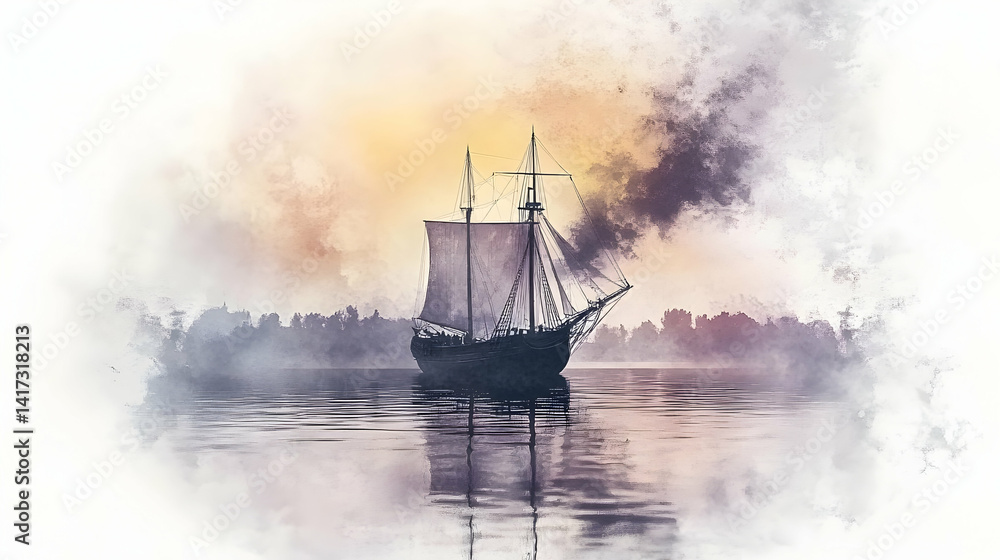 Silhouette sailing ship with calm water reflection and serene dreamy atmosphere Silhouette sailing ship with calm water reflection and serene dreamy atmosphere