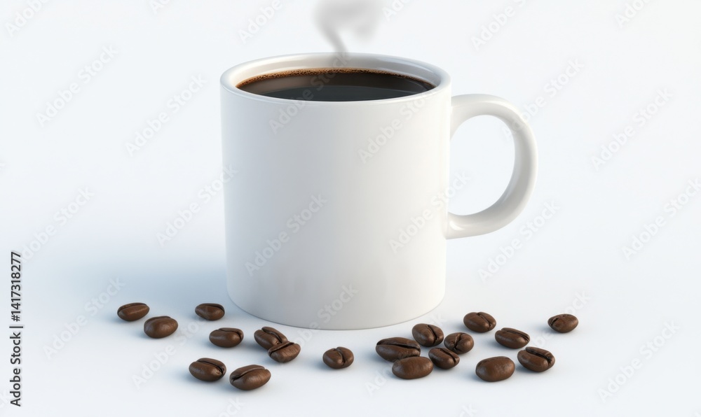Steaming coffee mug, beans, white background; breakfast, website, menu Steaming coffee mug, beans, white background; breakfast, website, menu