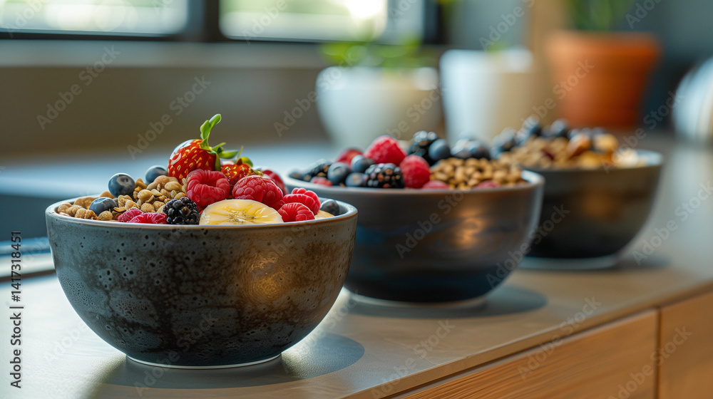 Three dark bowls with fruit, granola, and yogurt or smoothie.