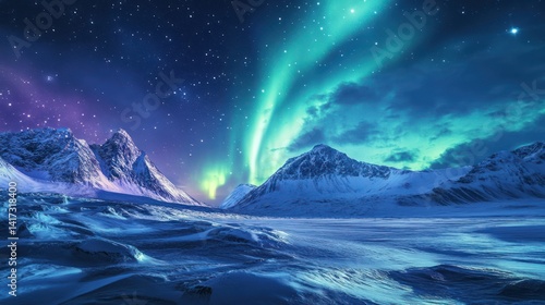 Wallpaper Mural Majestic aurora borealis dances above snow-capped peaks in a winter wonderland Torontodigital.ca