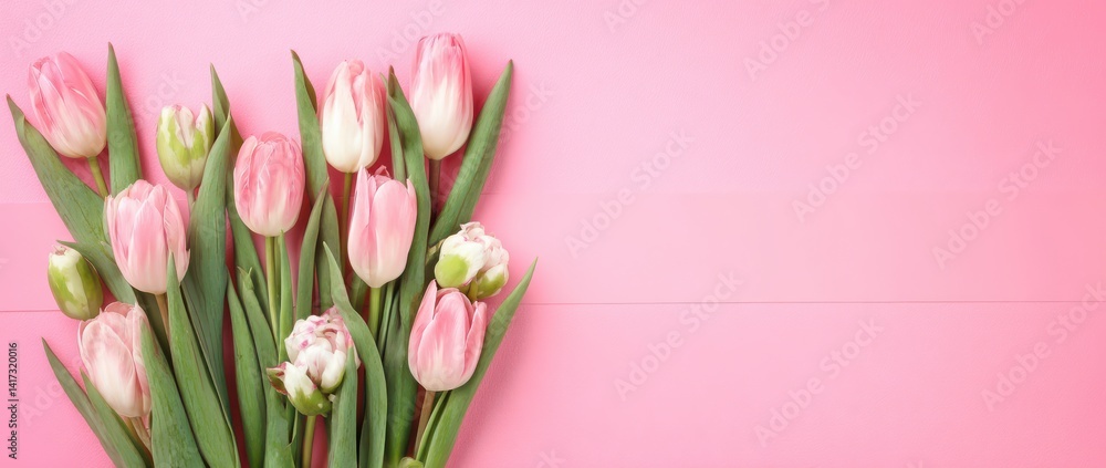 Obraz premium Tulips on a pink background, with a banner and copy space for text