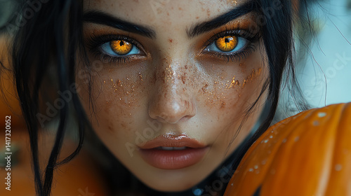 Close-up portrait with glittering makeup and mesmerizing orange eyes, evoking magic,  Generative AI