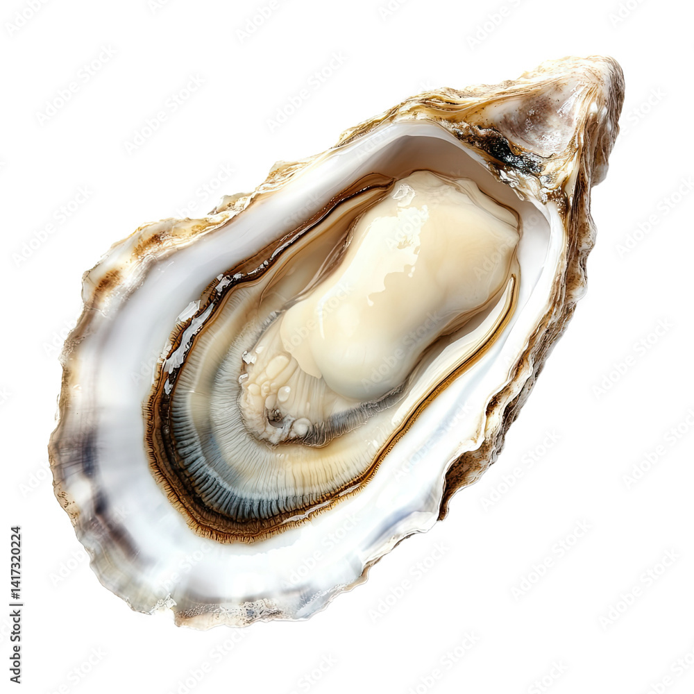 Naklejka premium A single, open oyster displays its edible, creamy interior.