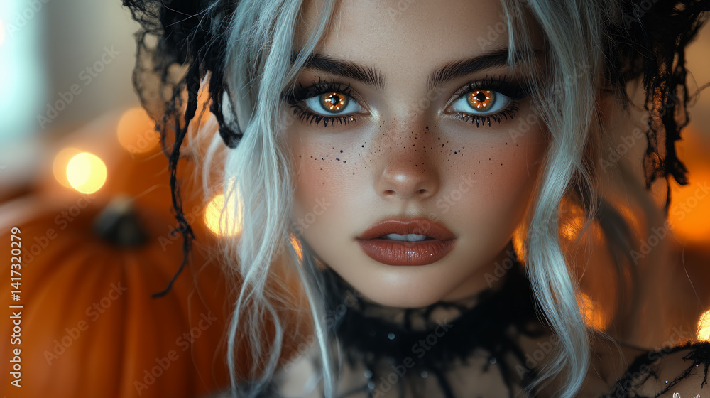 Portrait of a witch-like figure with glowing eyes, lace attire, amidst a pumpkin background, Generative AI Portrait of a witch-like figure with glowing eyes, lace attire, amidst a pumpkin background, Generative AI