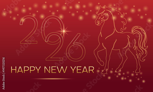 Happy new year 2026, gold numbers with golden Christmas decoration, symbol of the year Horse, glare and confetti on dark, red, blue background. Holiday card, banner design