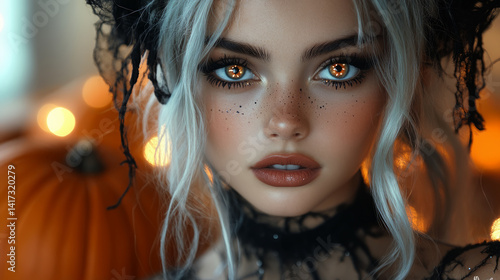 Portrait of a witch-like figure with glowing eyes, lace attire, amidst a pumpkin background, Generative AI