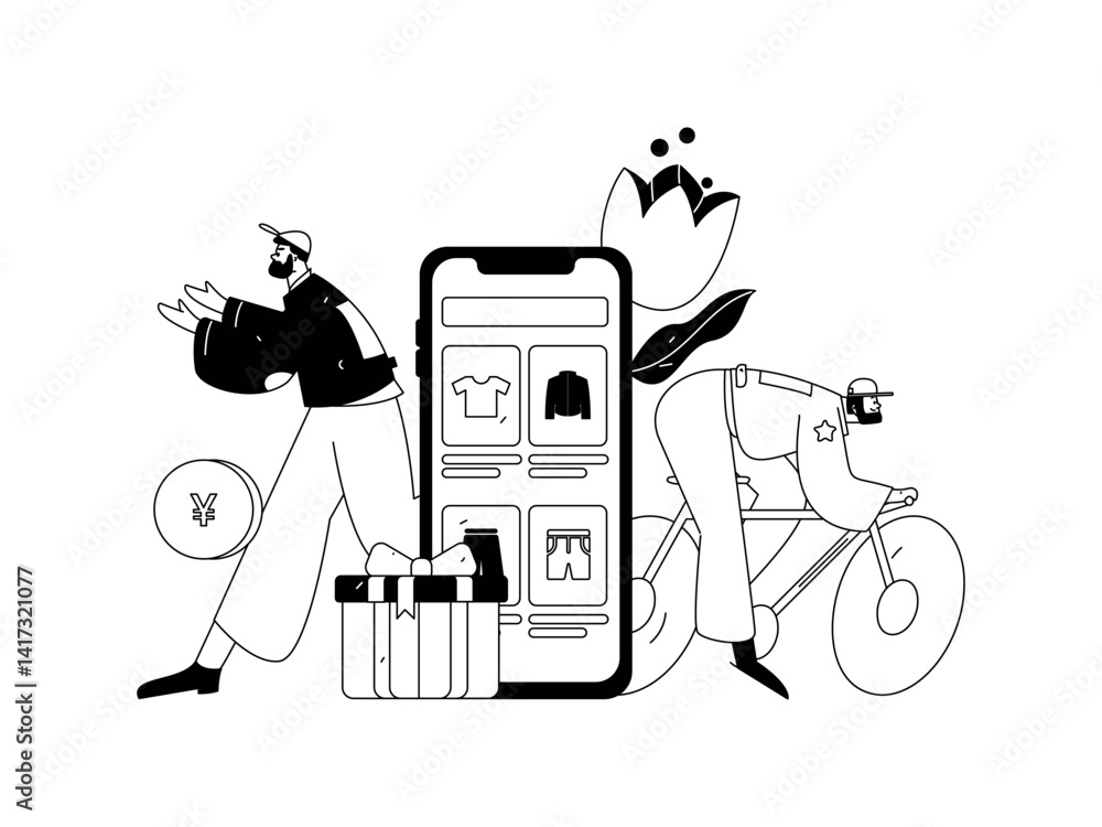 Naklejka premium Holiday shopping people doing e-commerce online shopping flat vector concept operation hand drawn illustration 