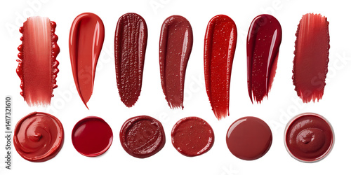 Shades of Crimson: A mesmerizing array of lipsticks showcases a spectrum of rich, red hues in carefully arranged swatches and circles, a visual symphony of color.