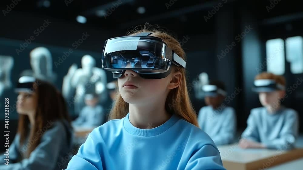A futuristic classroom filled with young students using AR glasses to explore ancient civilizations, realistic D holograms of historical figures surrounding them A futuristic classroom filled with young students using AR glasses to explore ancient civilizations, realistic D holograms of historical figures surrounding them