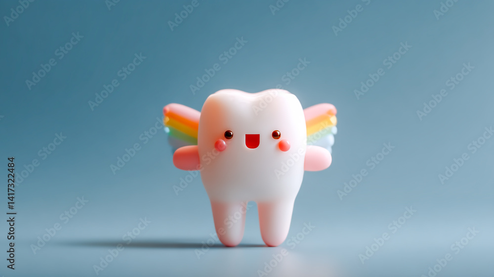 Adorable Tooth Mascot With Happy Face And Rainbow Wings On Soft Blue Adorable Tooth Mascot With Happy Face And Rainbow Wings On Soft Blue