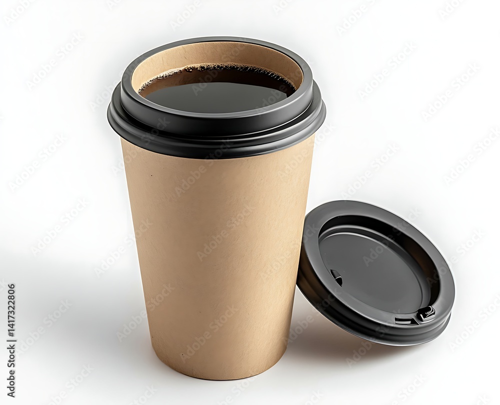 A coffee cup with the lid open, showing hot black coffee inside on a white background A coffee cup with the lid open, showing hot black coffee inside on a white background